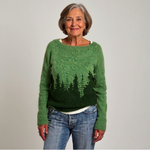Green Icelandic-style sweater with crew neck, long sleeves, tree-pattern intarsia