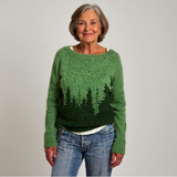 Green Icelandic-style sweater with crew neck, long sleeves, tree-pattern intarsia