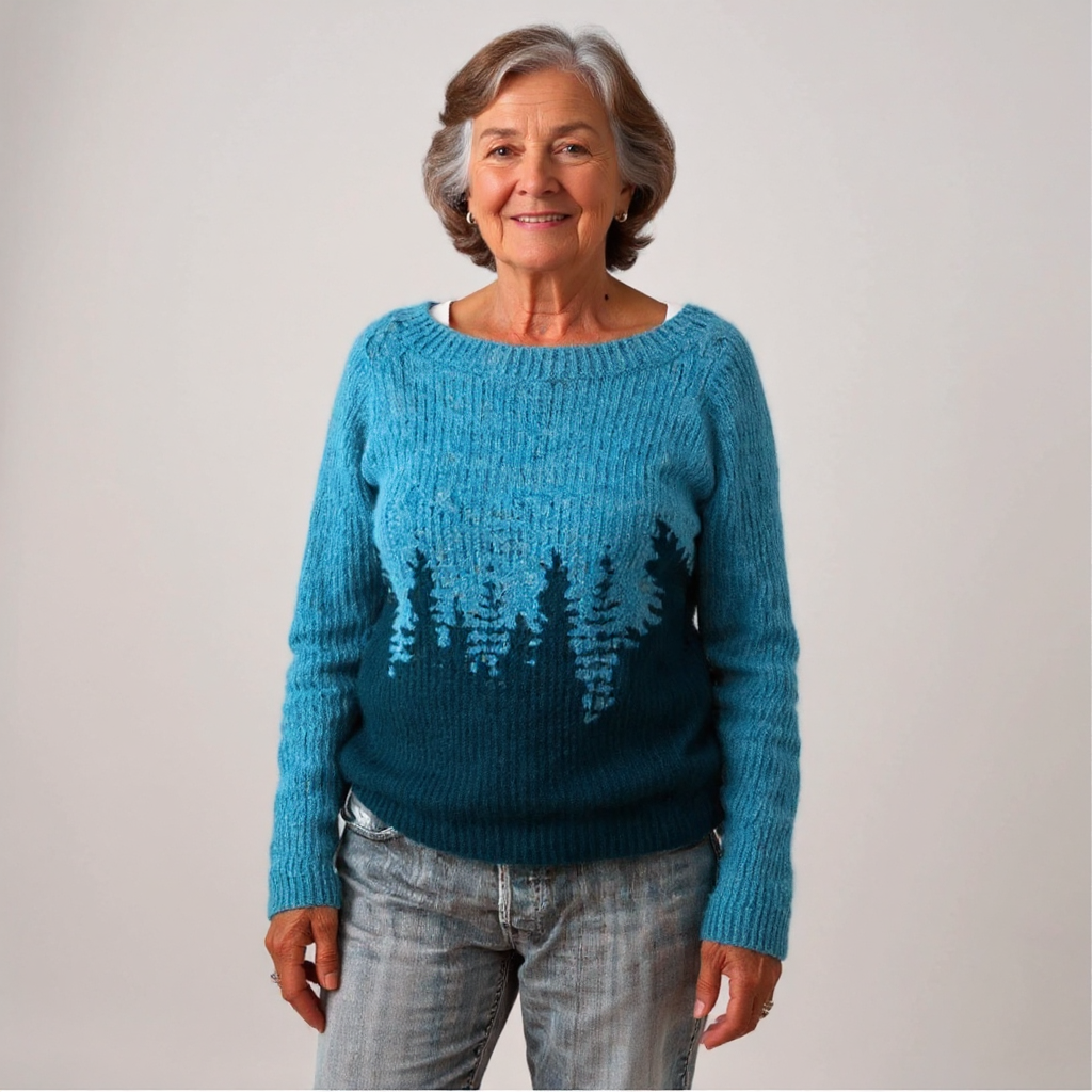 Turquoise vintage Icelandic-style sweater with dark tree pattern, crew neck, long sleeves