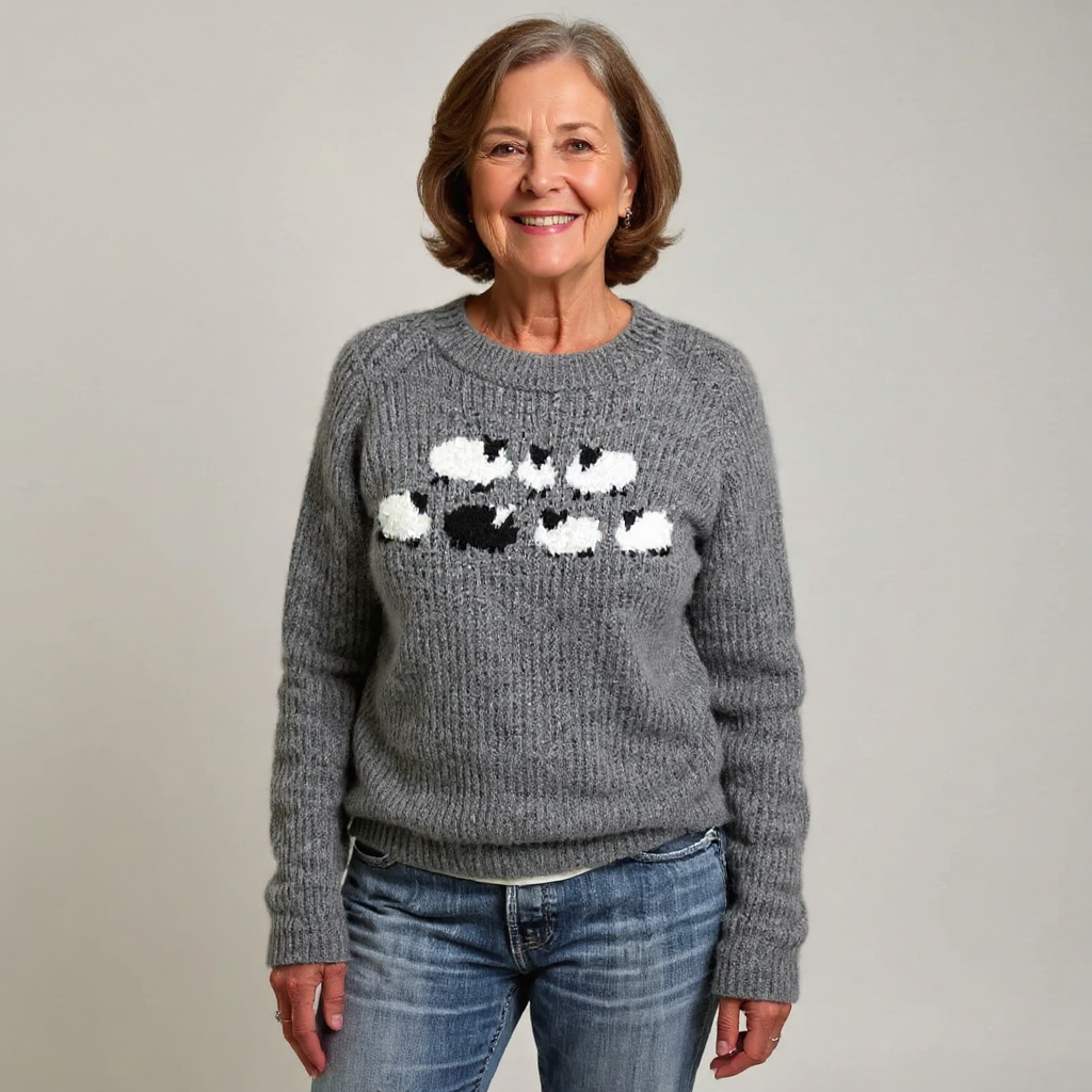 Gray knit crewneck sweater with long sleeves and white/black patterned chest