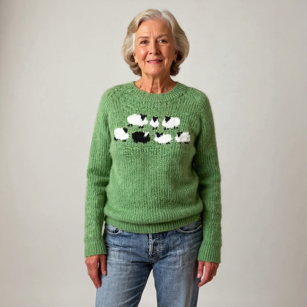 Addison vintage Icelandic sweater, green knit with crew neck and sheep motif