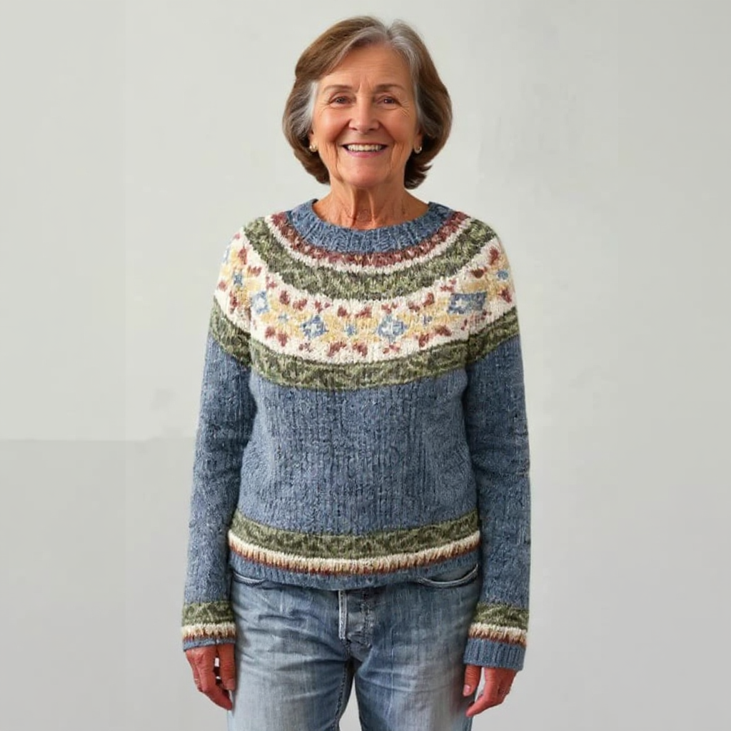 Vintage Icelandic-style wool sweater, blue with multicolor yoke and striped cuffs