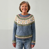 Vintage Icelandic-style wool sweater, blue with multicolor yoke and striped cuffs