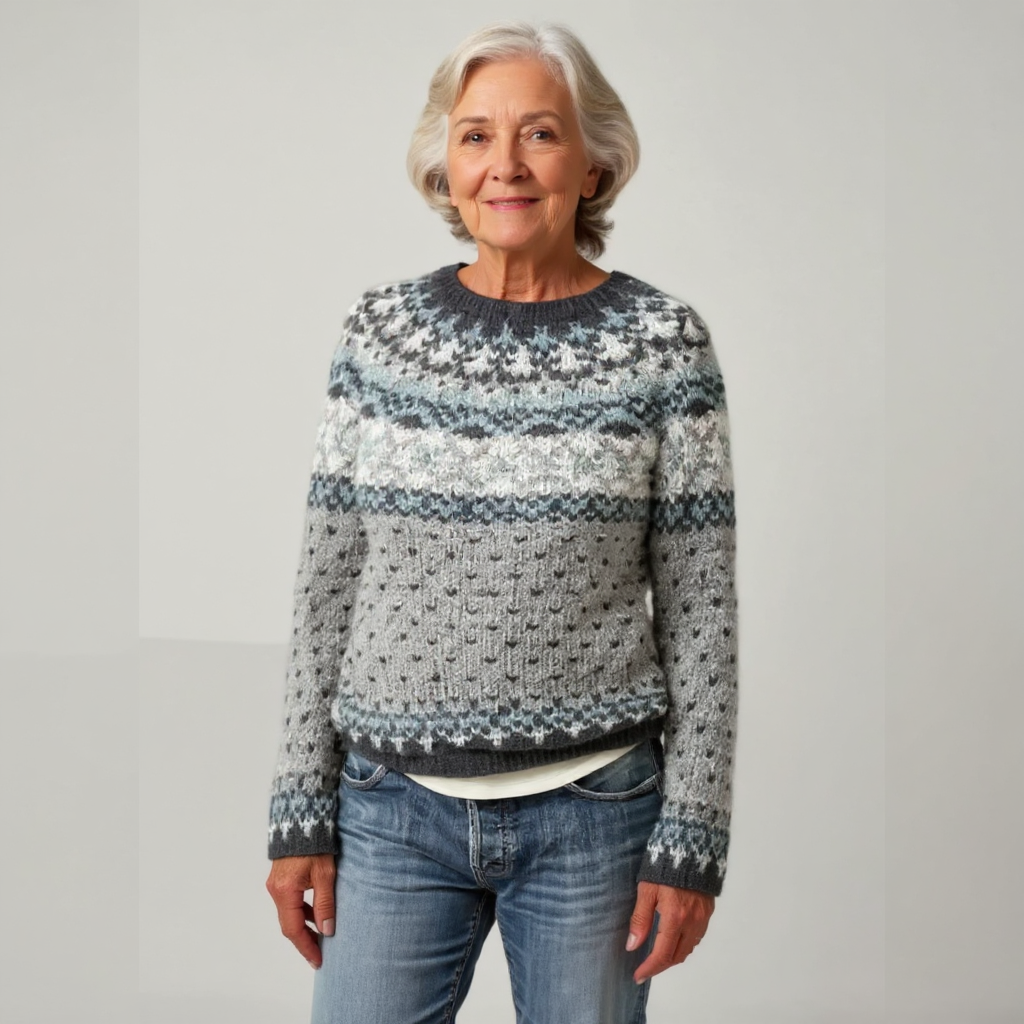 Icelandic knit sweater with fair isle yoke, crew neck, long sleeves, gray, white, blue