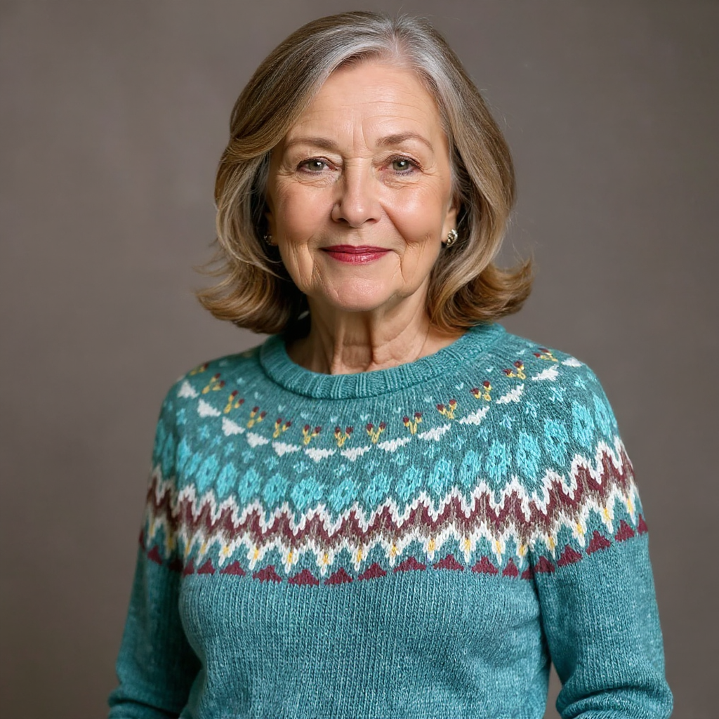 Teal crewneck knit sweater close-up with multicolor patterning on yoke and cuffs