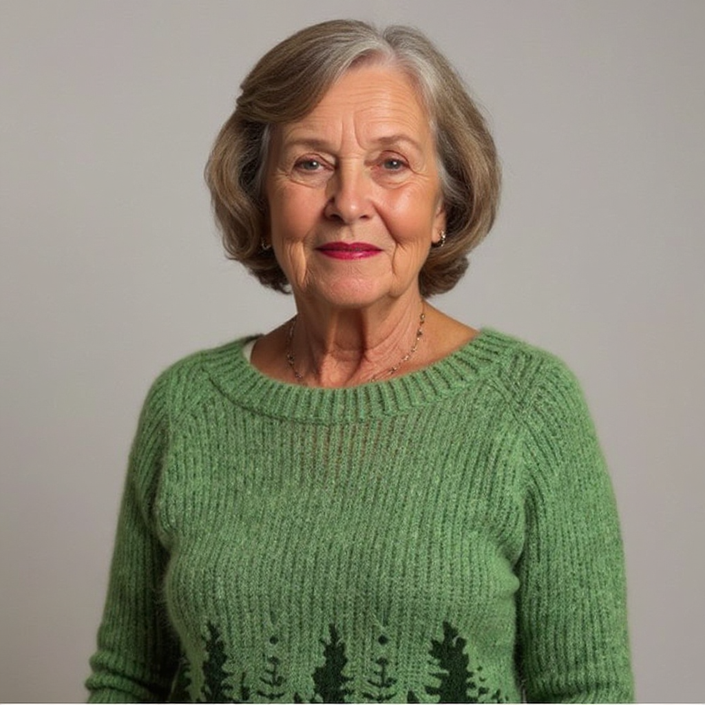Green crewneck sweater with ribbed knit and front tree-pattern intarsia