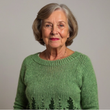 Green crewneck sweater with ribbed knit and front tree-pattern intarsia
