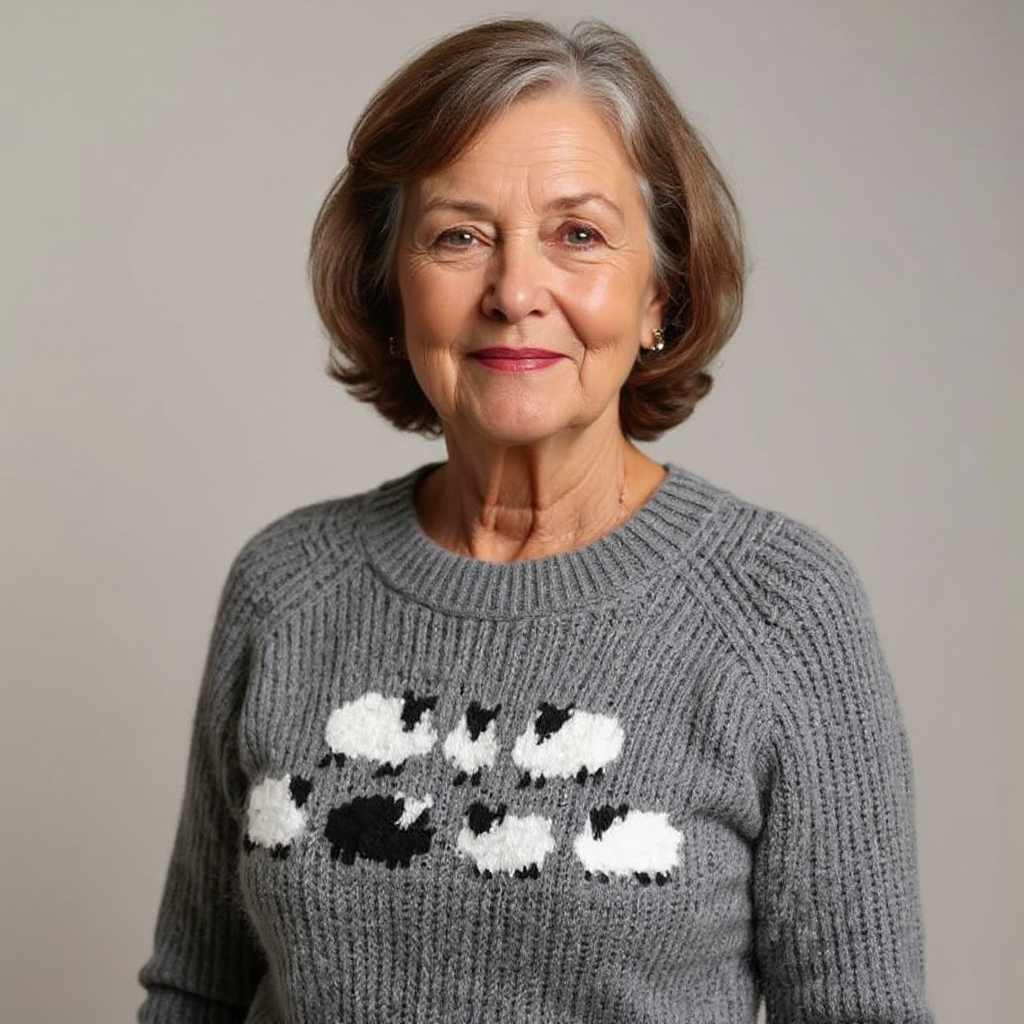 Gray crewneck knit sweater with white and black graphic chest pattern