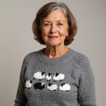 Gray crewneck knit sweater with white and black graphic chest pattern