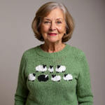 Addison vintage Icelandic sweater, close-up green knit with white sheep and black pattern