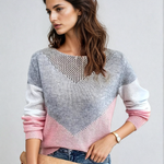 Loose knit sweater with chevron heart, gray and pink blocks, long white sleeves
