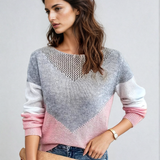 Loose knit sweater with chevron heart, gray and pink blocks, long white sleeves