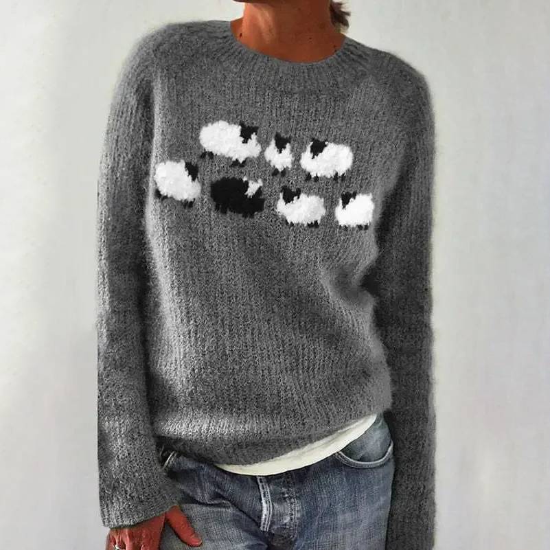 Gray crewneck sheep sweater with white cloud-like applique