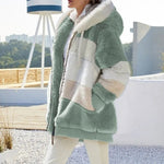 Keithy cozy green striped zip-up faux fur jacket with white sherpa collar and hood ties