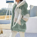 Keithy cozy green striped zip-up faux fur jacket with white sherpa collar and hood ties
