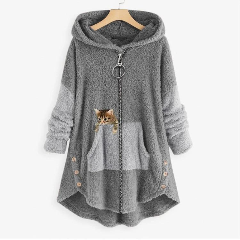 Grey plush zip-up hoodie with hood, front pocket, and two-tone hem panels