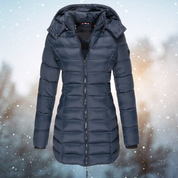 Pietro hooded puffer down jacket in navy blue with full zip and front pockets