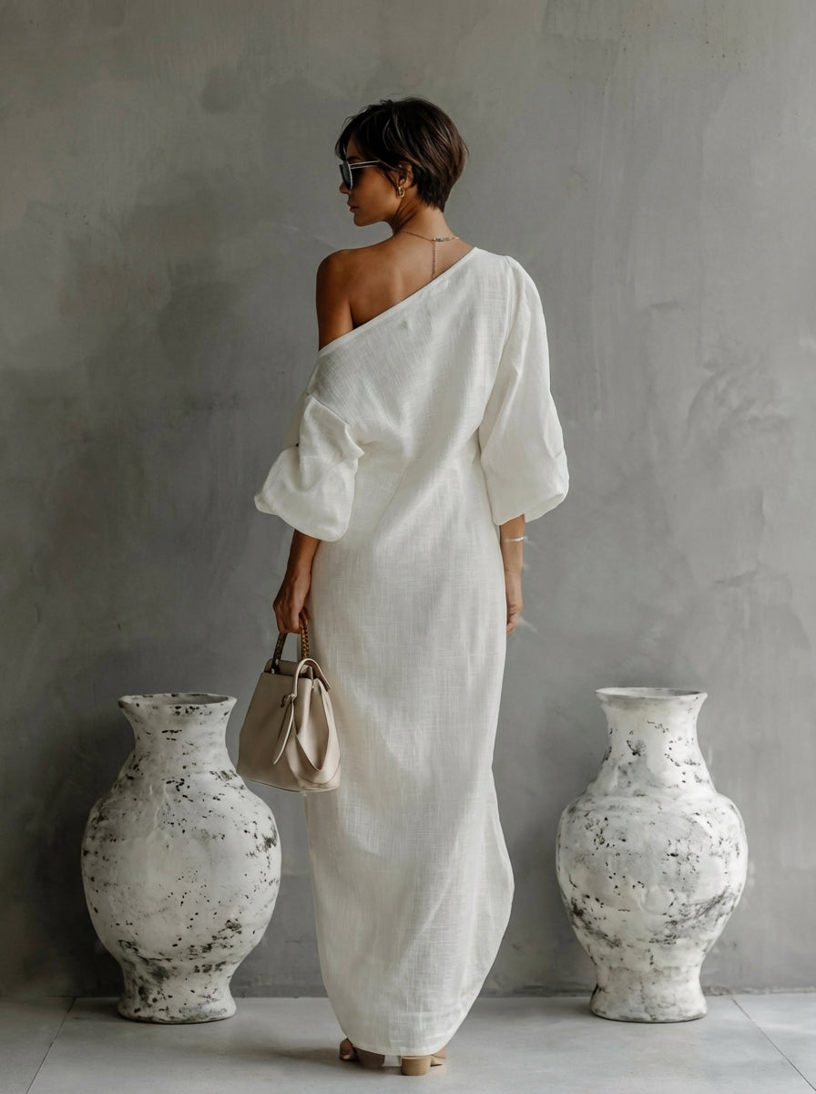 Nelle™ chic white maxi dress, one-shoulder draped design with loose three-quarter sleeve