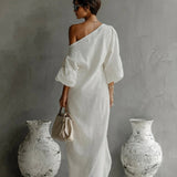 Nelle™ chic white maxi dress, one-shoulder draped design with loose three-quarter sleeve