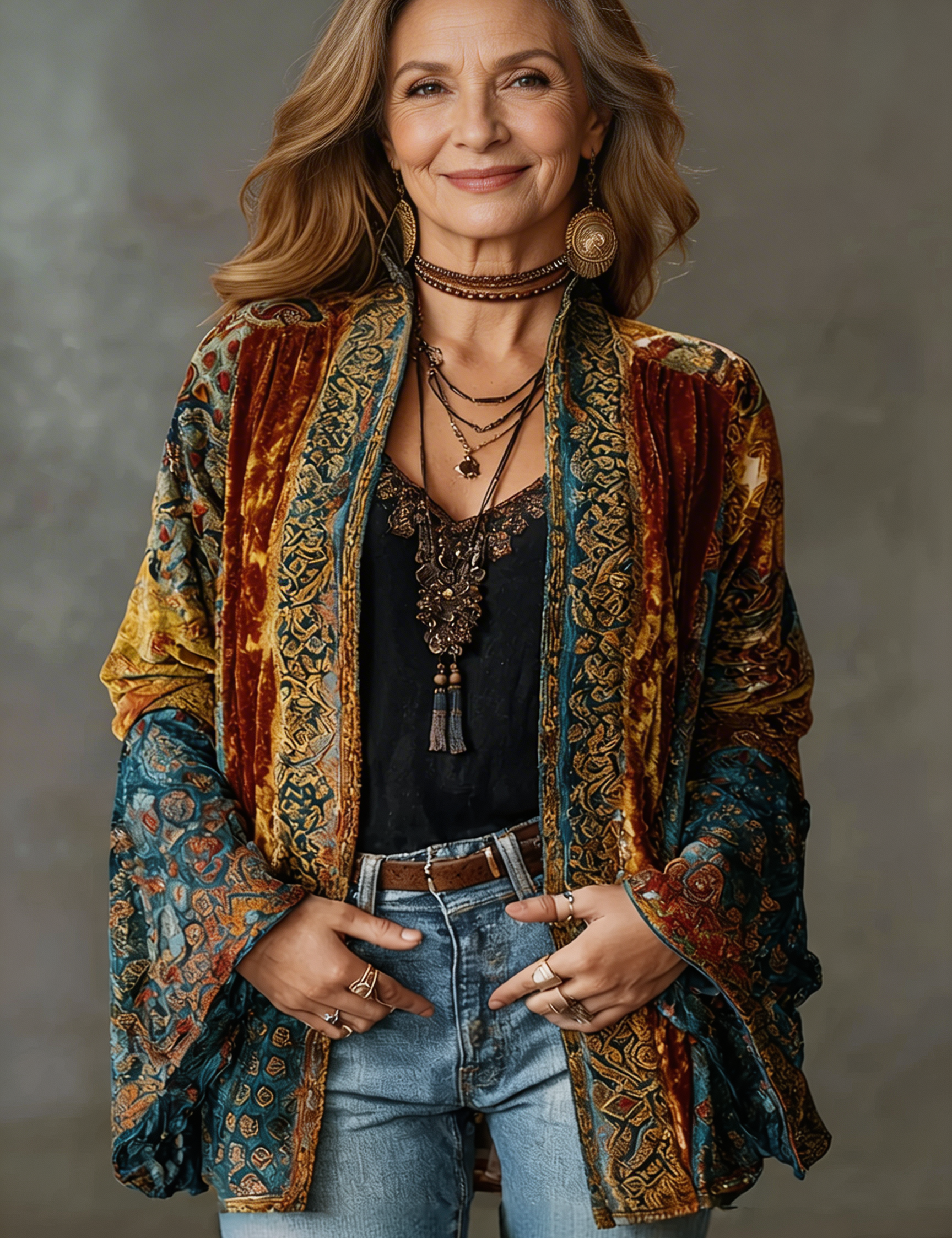 Aria boho kimono jacket, burgundy paisley print with teal accents, open front