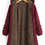 Elise™ hooded jacket in red and black check with brown fleece lining and full zip-free front