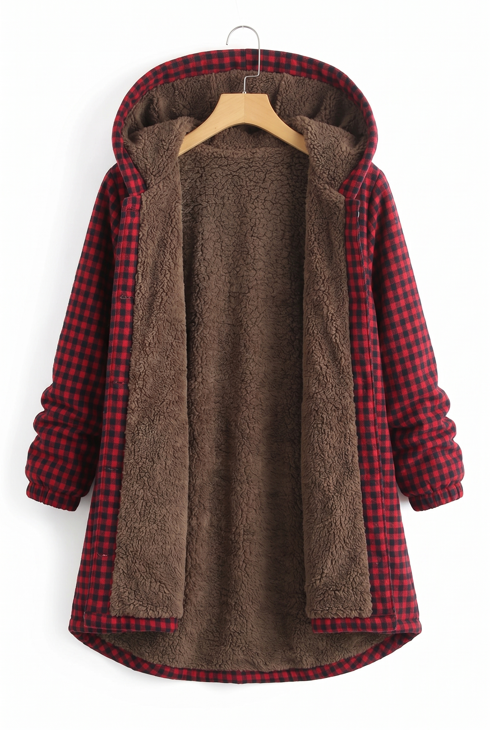 Elise™ hooded jacket in red and black check with brown fleece lining and full zip-free front