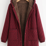 Elise™ hooded jacket in red and black check with brown fleece lining, button front