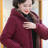 Elise™ hooded jacket worn: red and black check with brown fleece lining