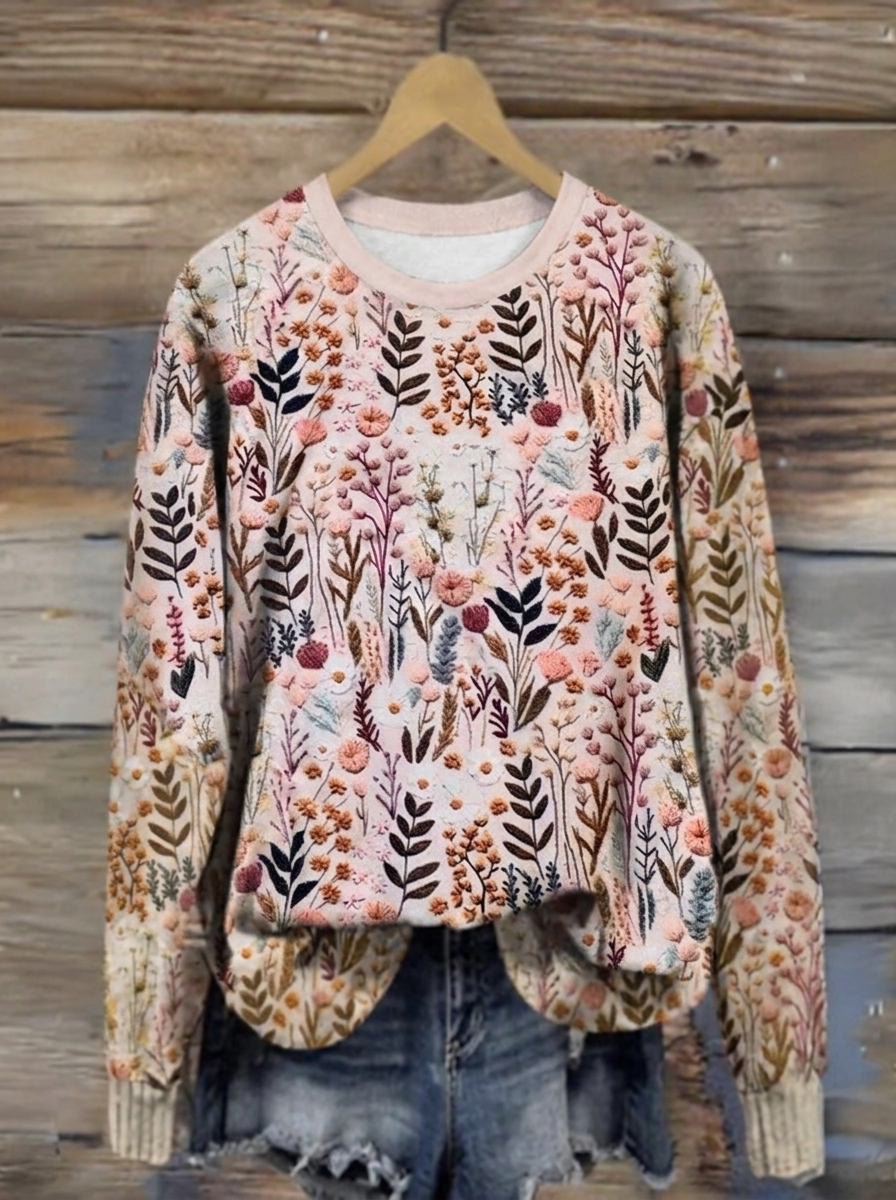 Botanical print pullover hanging on hanger, crew neck, long sleeves with ribbed cuffs