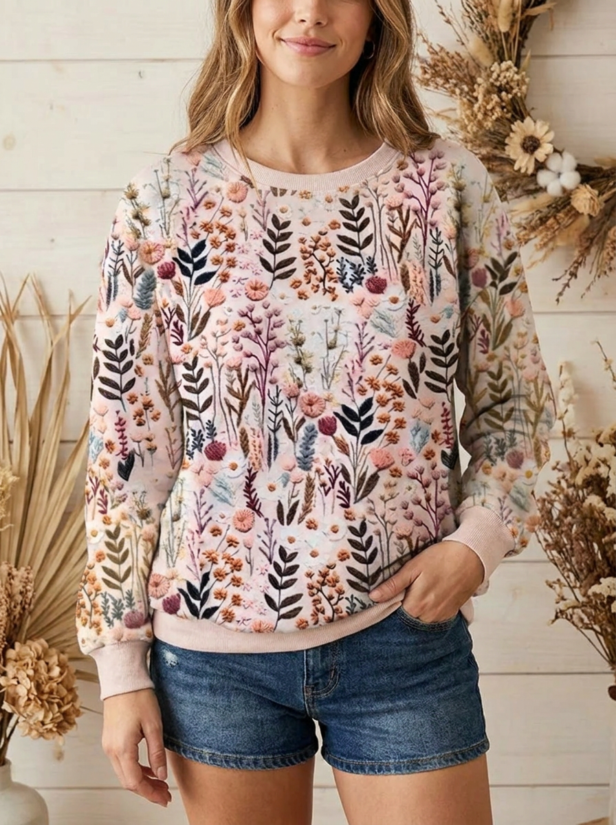 Women's botanical print pullover close-up, crew neck and long sleeves, pastel tones