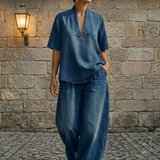 Schickes Damen-Jeans-Oberteil und weite Hose Zweiteiliges Set