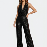Pailletten-Einfarbiger Jumpsuit mit Bindungsdetail