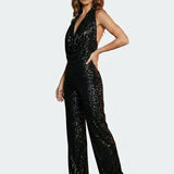 Pailletten-Einfarbiger Jumpsuit mit Bindungsdetail
