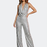 Pailletten-Einfarbiger Jumpsuit mit Bindungsdetail