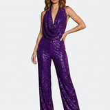 Pailletten-Einfarbiger Jumpsuit mit Bindungsdetail