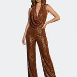 Pailletten-Einfarbiger Jumpsuit mit Bindungsdetail