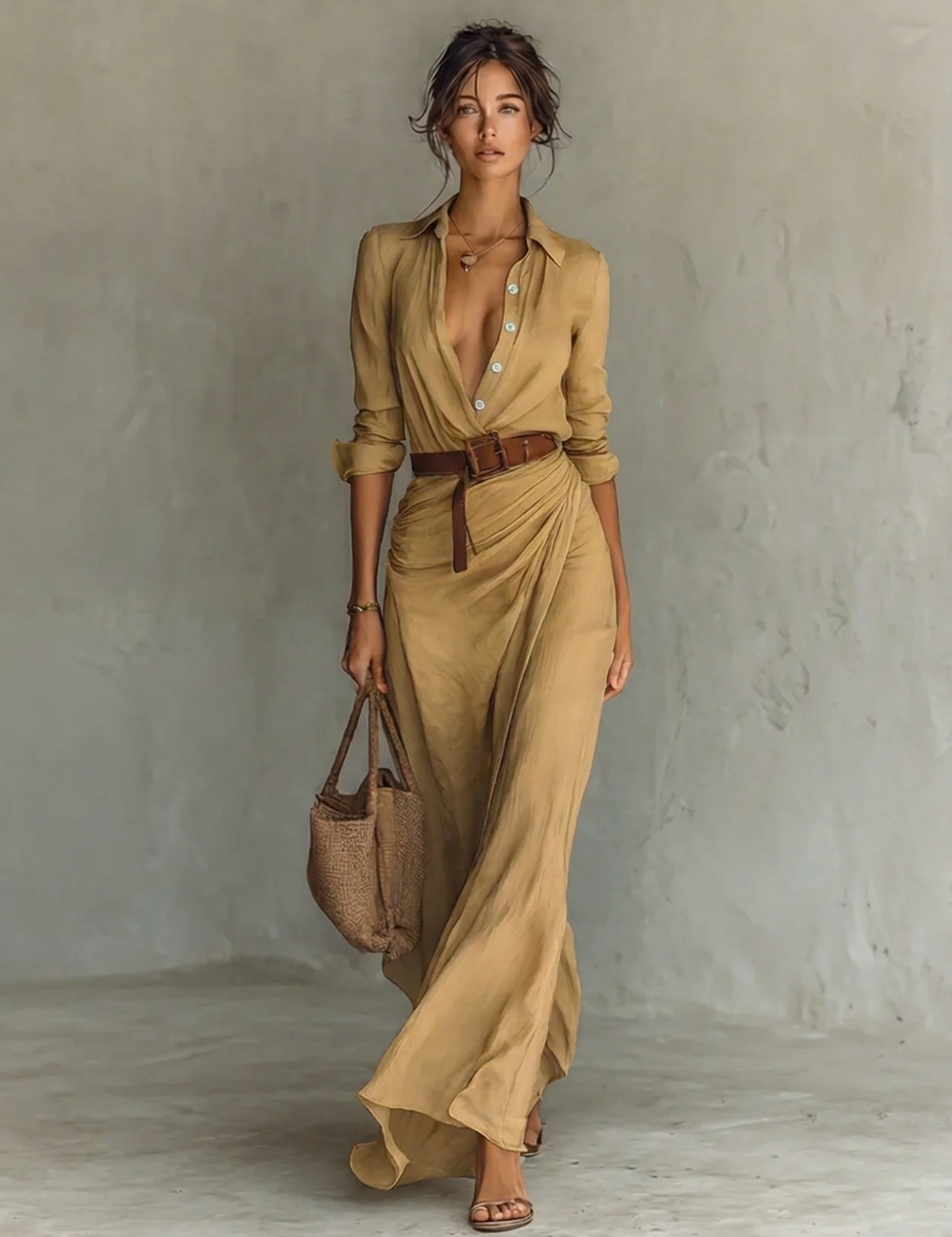 Khaki long-sleeve V-neck button maxi dress with waist tie belt