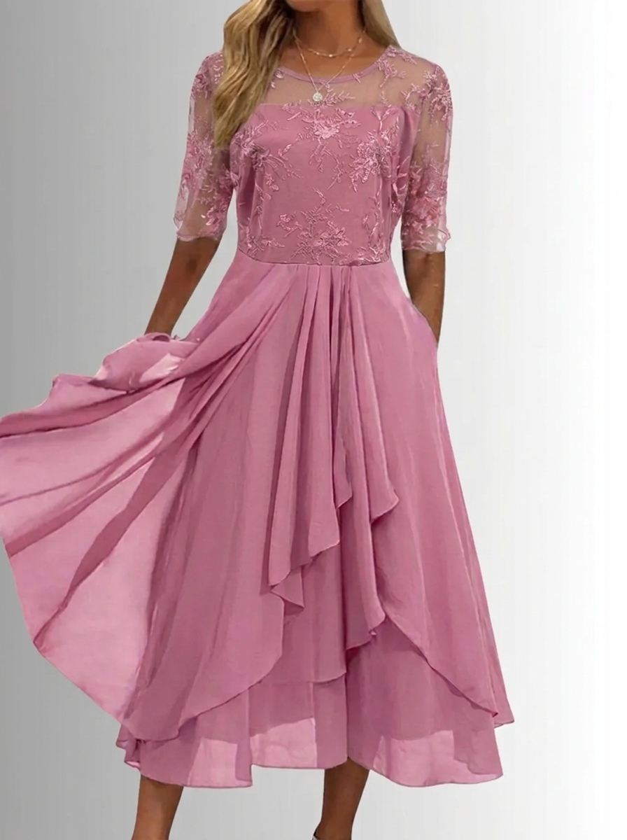 Pink lace dress with sheer three-quarter sleeves, embroidered bodice, tiered midi skirt