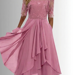 Pink lace dress with sheer three-quarter sleeves, embroidered bodice, tiered midi skirt