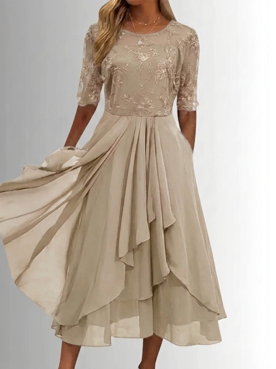 Beige lace dress with sheer three-quarter sleeves and embroidered bodice, tiered ruffle skirt