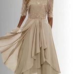 Beige lace dress with sheer three-quarter sleeves and embroidered bodice, tiered ruffle skirt