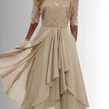 Beige lace dress with sheer three-quarter sleeves and embroidered bodice, tiered ruffle skirt