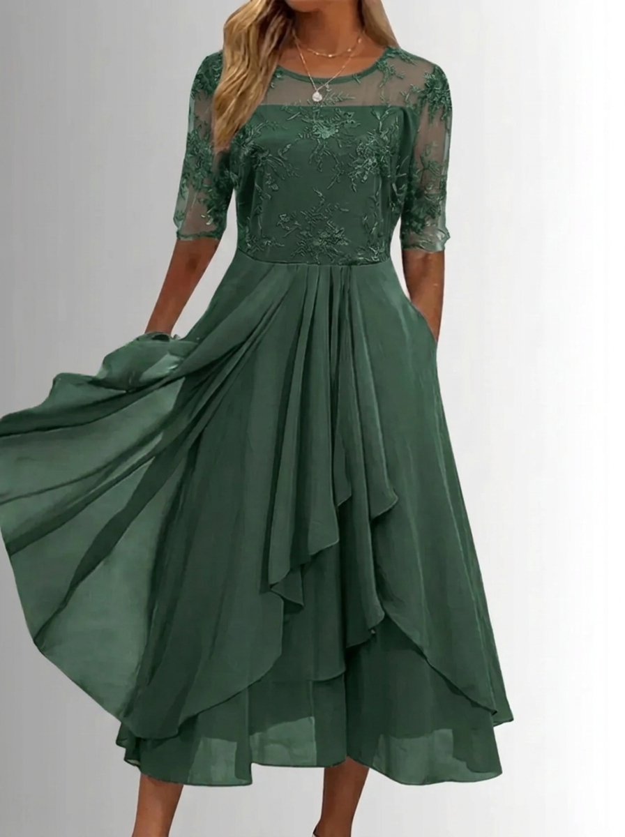 Green lace dress with sheer three-quarter sleeves and floral embroidery, layered midi skirt
