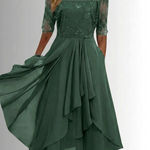 Green lace dress with sheer three-quarter sleeves and floral embroidery, layered midi skirt