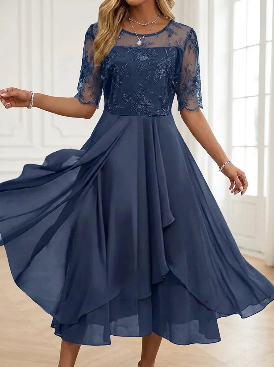 Navy lace dress with sheer three-quarter sleeves, fitted waist, layered ruffle midi skirt
