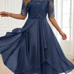 Navy lace dress with sheer three-quarter sleeves, fitted waist, layered ruffle midi skirt