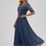 Navy lace dress with asymmetrical ruffled skirt detail and sheer three-quarter sleeves