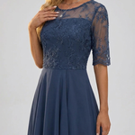 Navy lace dress with sheer sleeves and floral embroidered bodice, tiered midi skirt