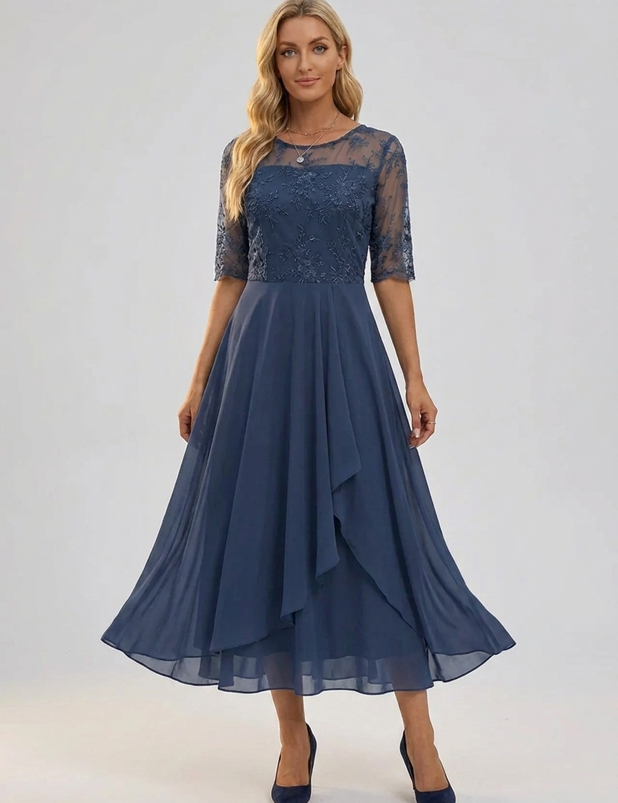 Navy lace dress with three-quarter sleeves and embroidered bodice, tiered skirt