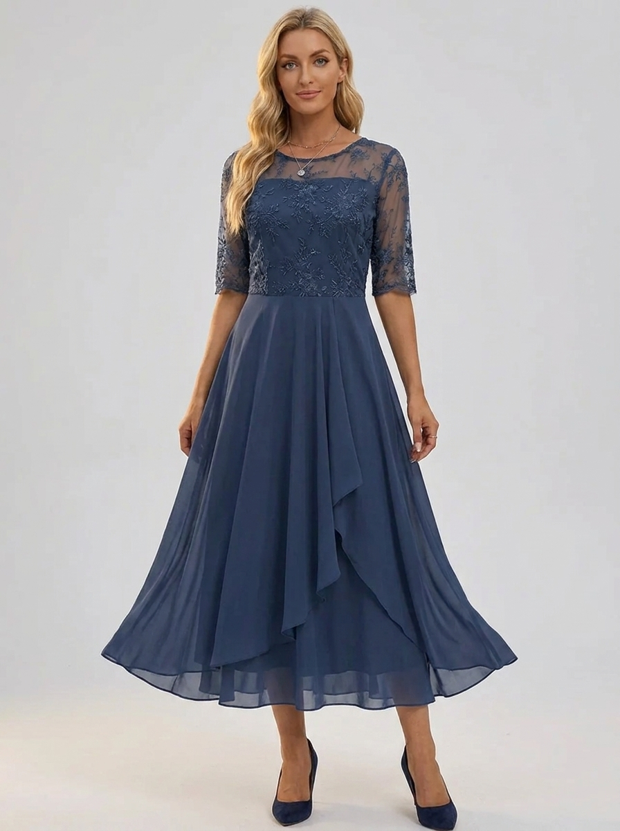 Navy lace dress with three-quarter sleeves and embroidered bodice, tiered skirt